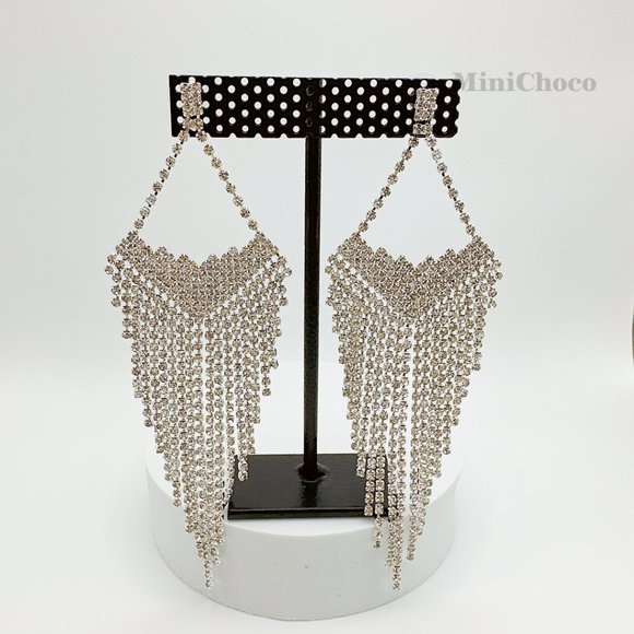 Diamond Shape Forever Fringe Rhinestone Earrings(Silver Tone) - Picture 7 of 7
